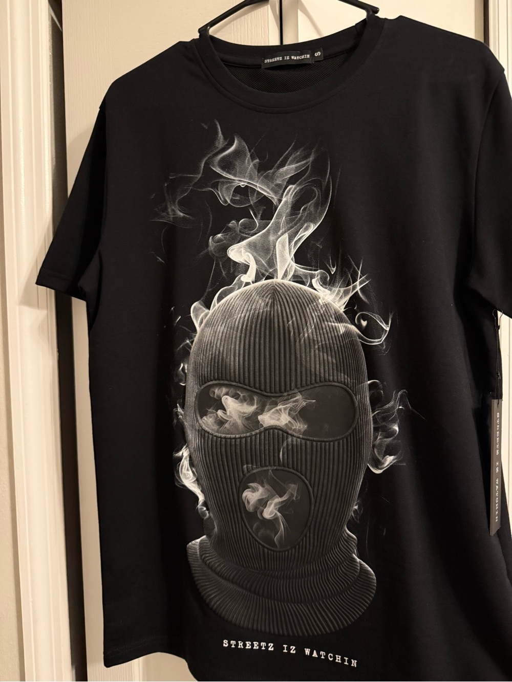 Black Graphic Tee with Smoky Ski Mask Print